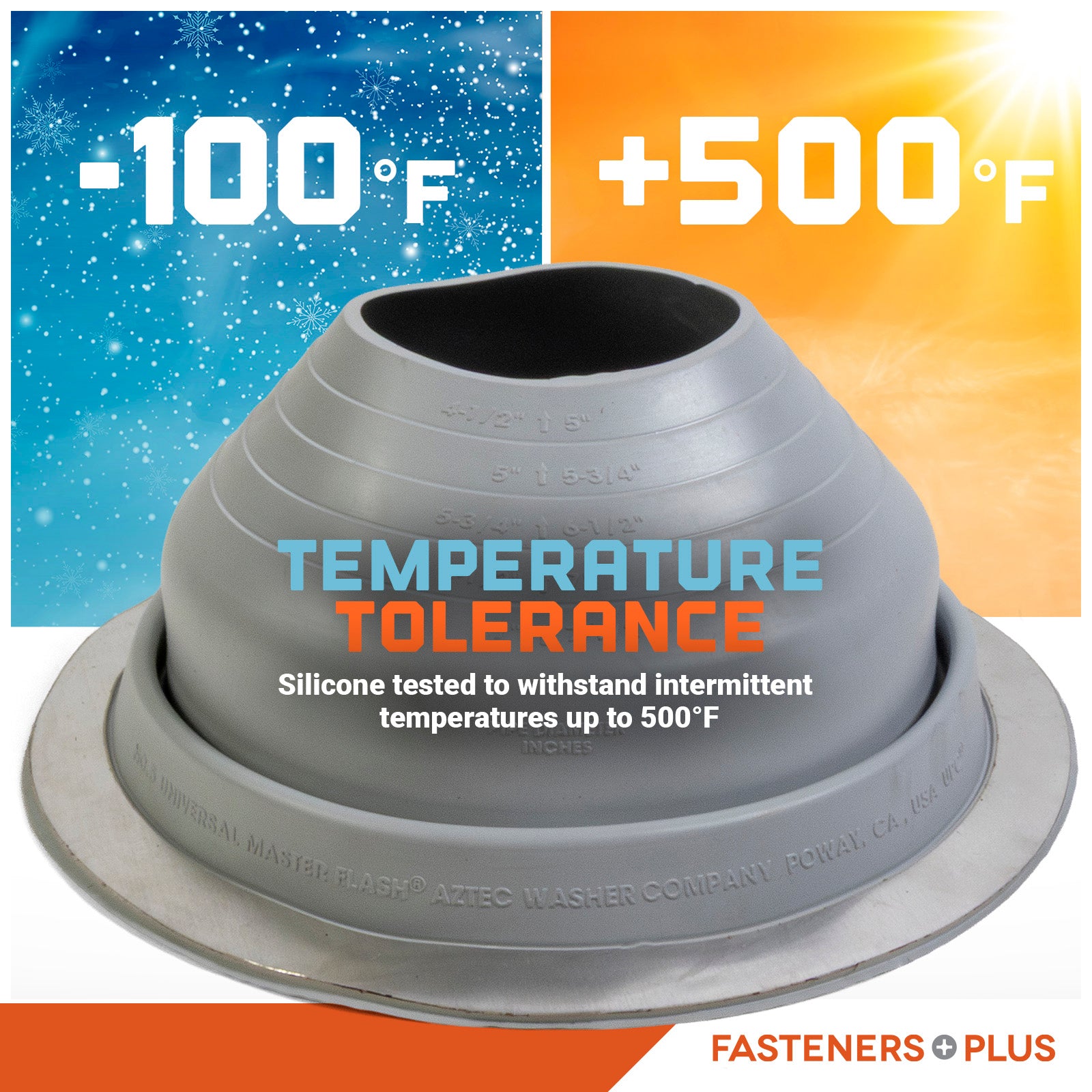Silicone metal roof boot with temperature tolerance range displayed on a colorful background