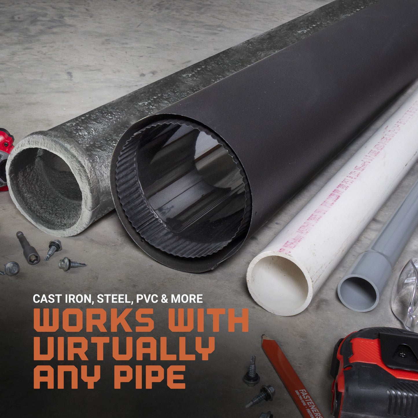 Roll of black pipe insulation with tools on a concrete floor, text overlay about pipe compatibility.