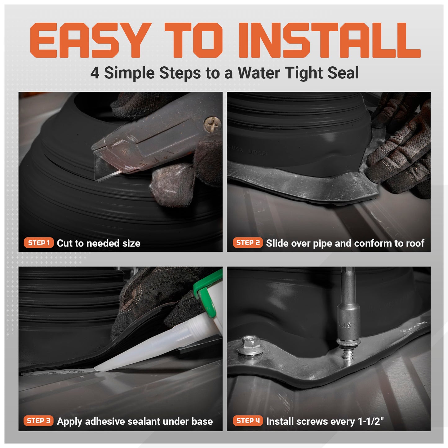 Step-by-step guide on installing a metal roof boot with text 'Easy to Install' at the top.