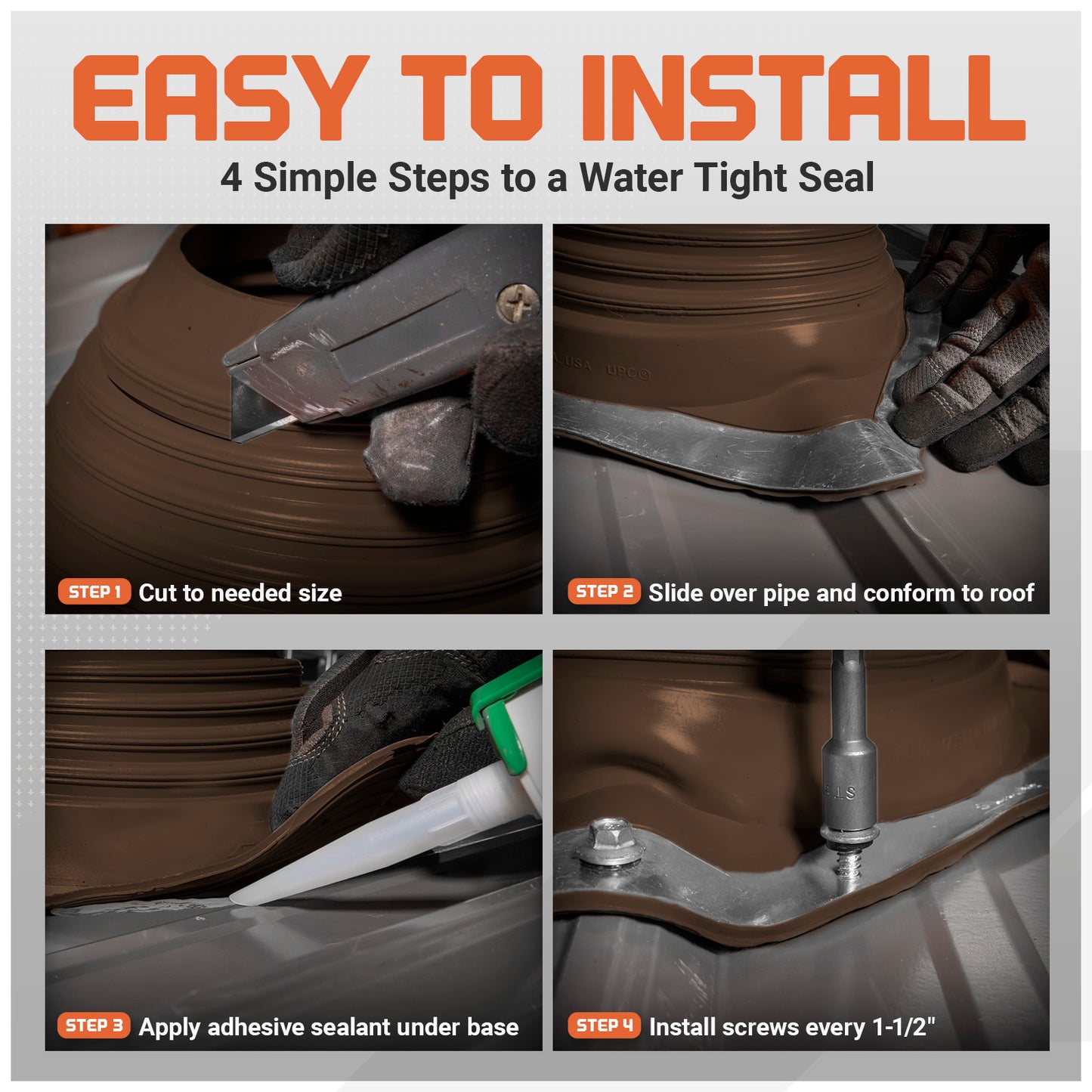 Step-by-step guide on installing a metal roof boot with text 'Easy to Install'.