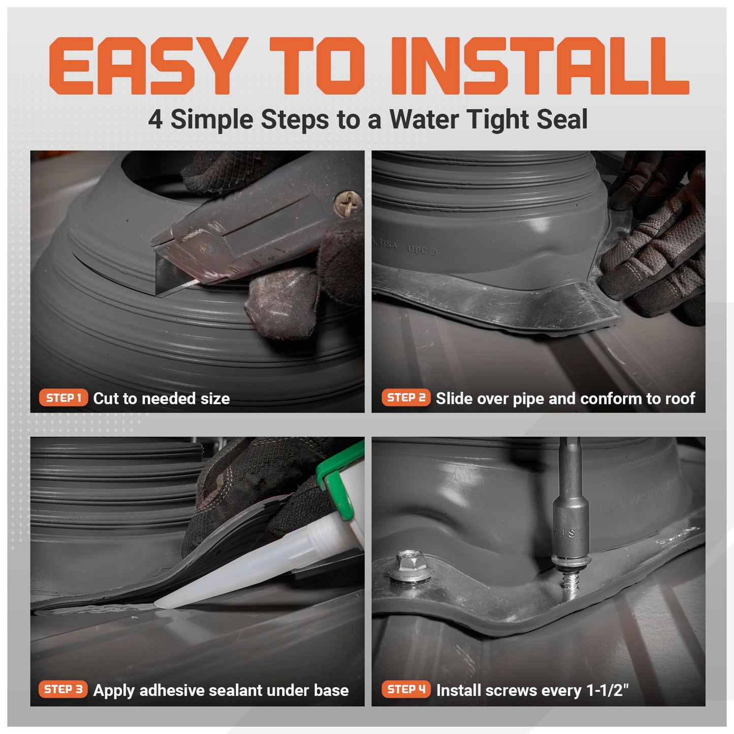 Step-by-step guide on installing a metal roof boot with text 'Easy to Install' and four steps illustrated.