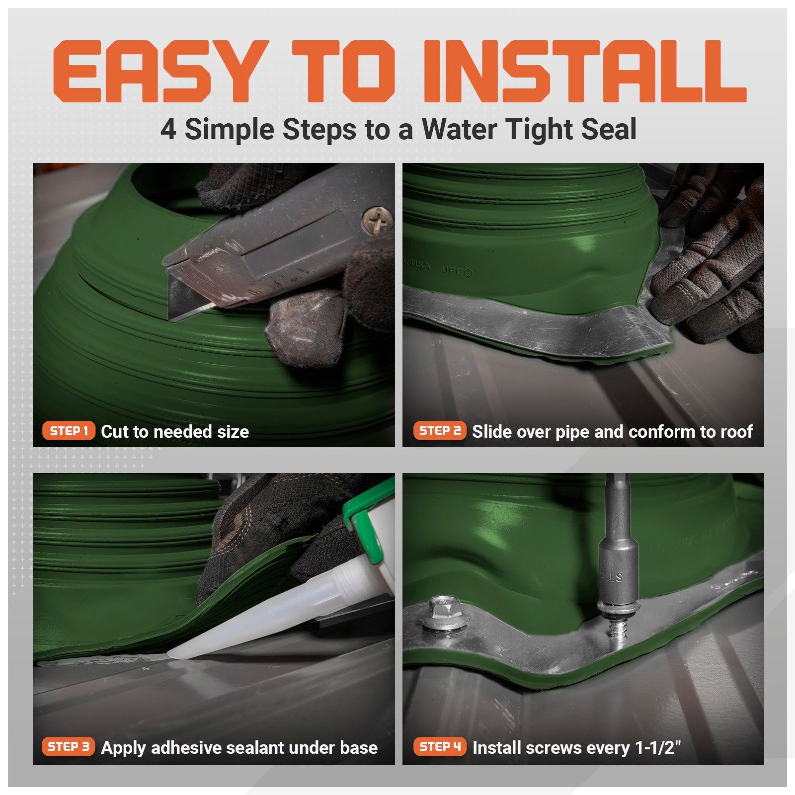 Instructions for installing a green metal roof boot with tools on a gray background.