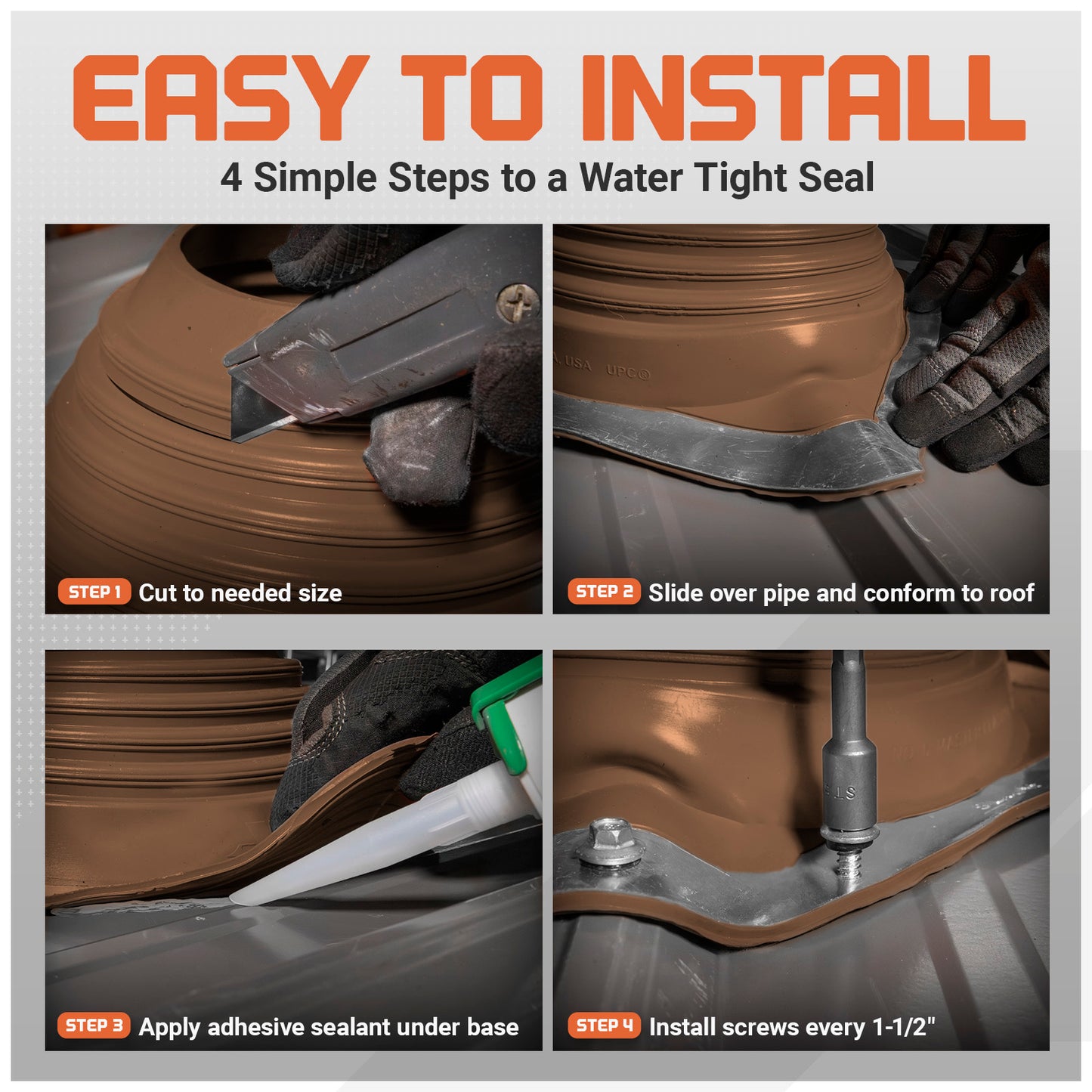 Step-by-step guide on installing a metal roof boot with text 'Easy to Install'.