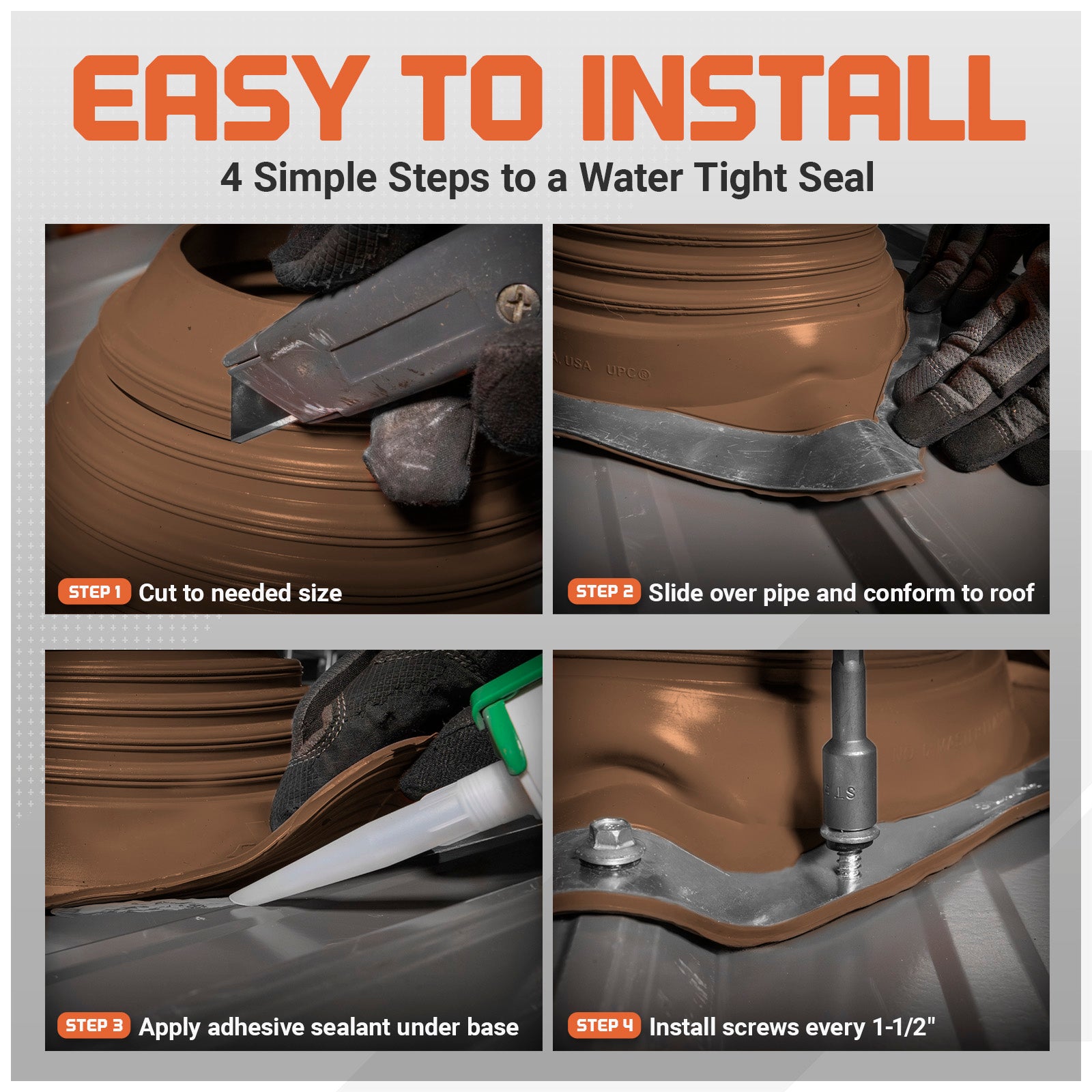 Step-by-step guide on installing a metal roof boot with text 'Easy to Install'.