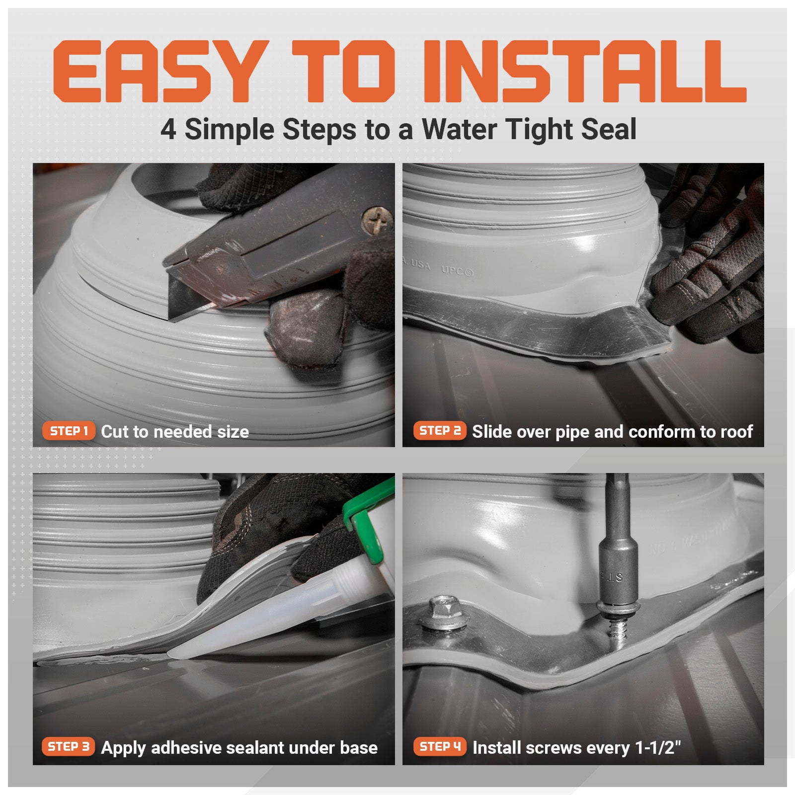 Step-by-step guide on installing a metal roof boot with tools and text instructions.