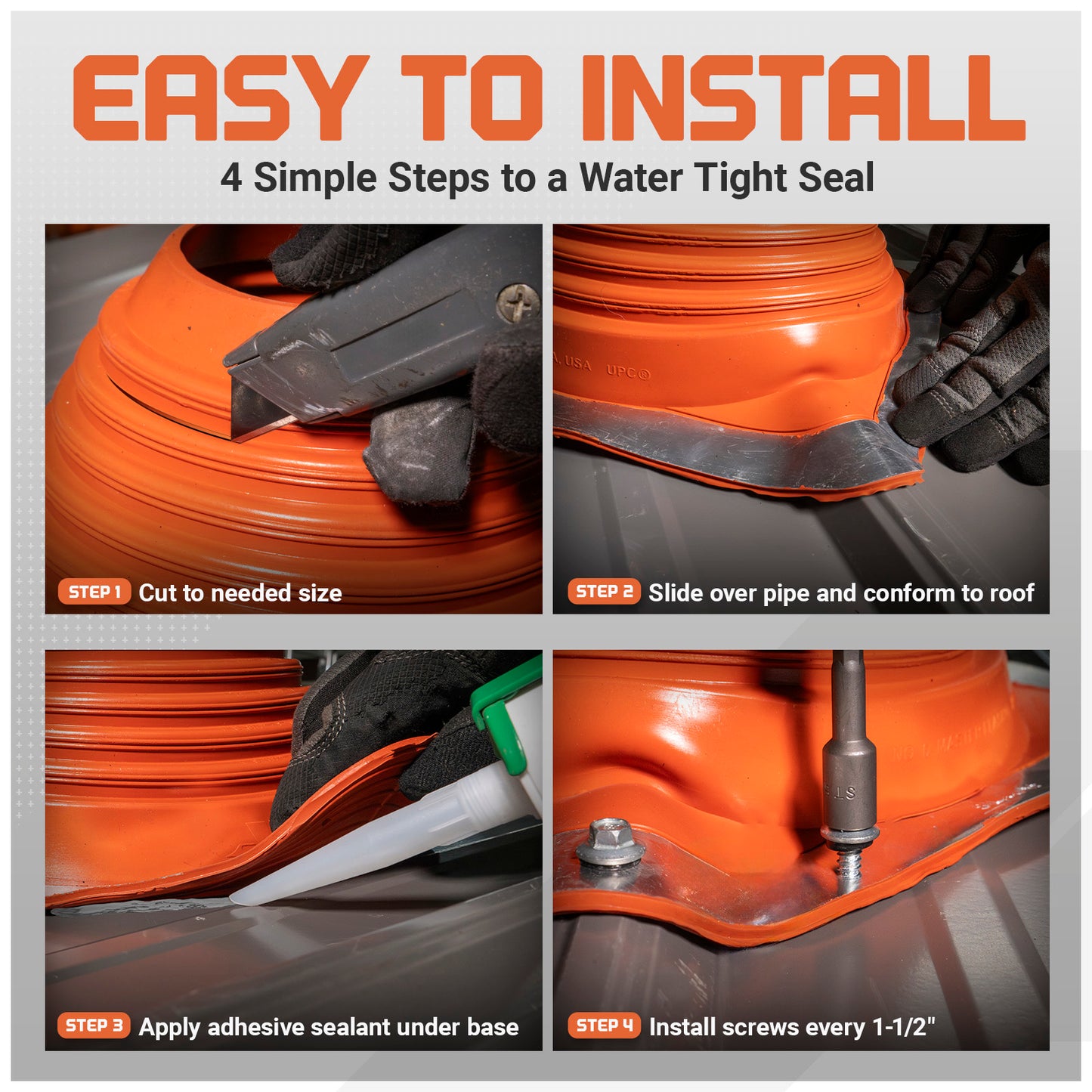 Step-by-step guide on installing an orange Metal roof boot with tools.