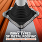 roof boot on a metal roof with text indicating compatibility with various roofing types.