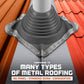 Metal roof flashing against a red metal roof background with text about conforming to various metal roofing types.