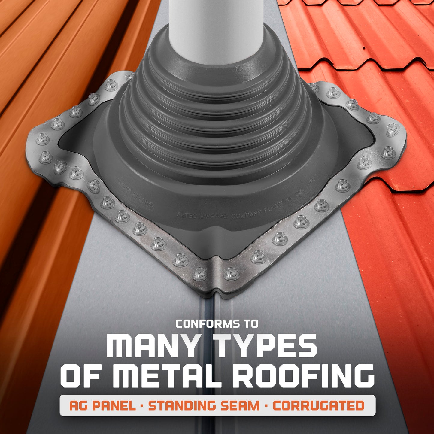 Metal roof flashing against a red metal roof background with text about conforming to various metal roofing types.