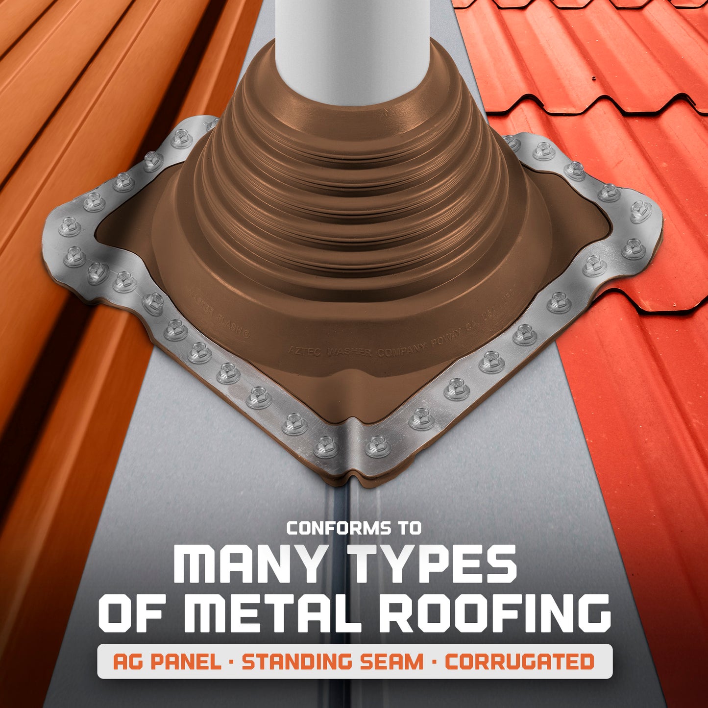 Metal roof boot with text on a metal roofing background