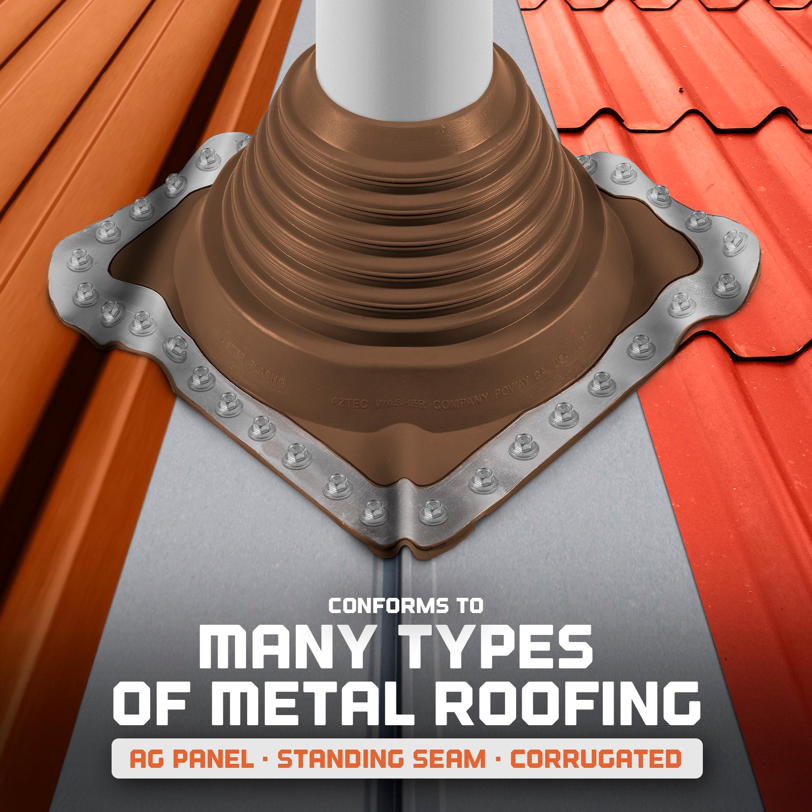 Metal roof boot with text on a metal roofing background