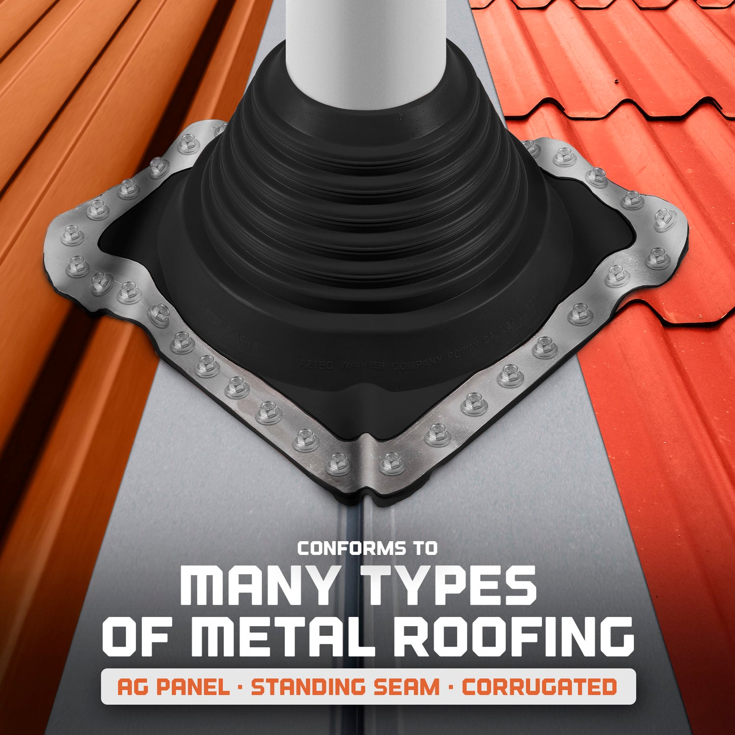 Roofing product on a metal roof with text indicating compatibility with various roofing types.