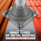 Metal roof flashing against a red metal roof background with text about roofing types.