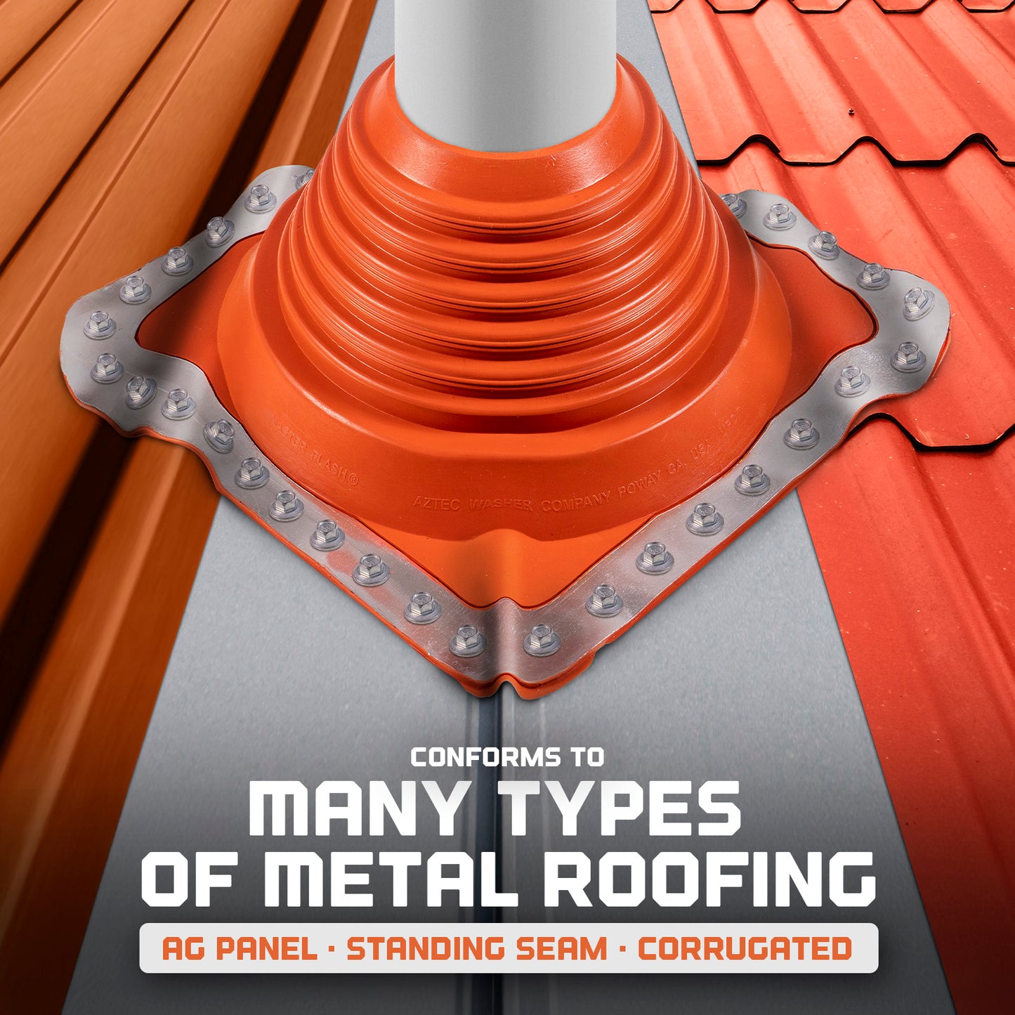 Metal roof boot on a metal roof with text indicating compatibility with various roofing types.
