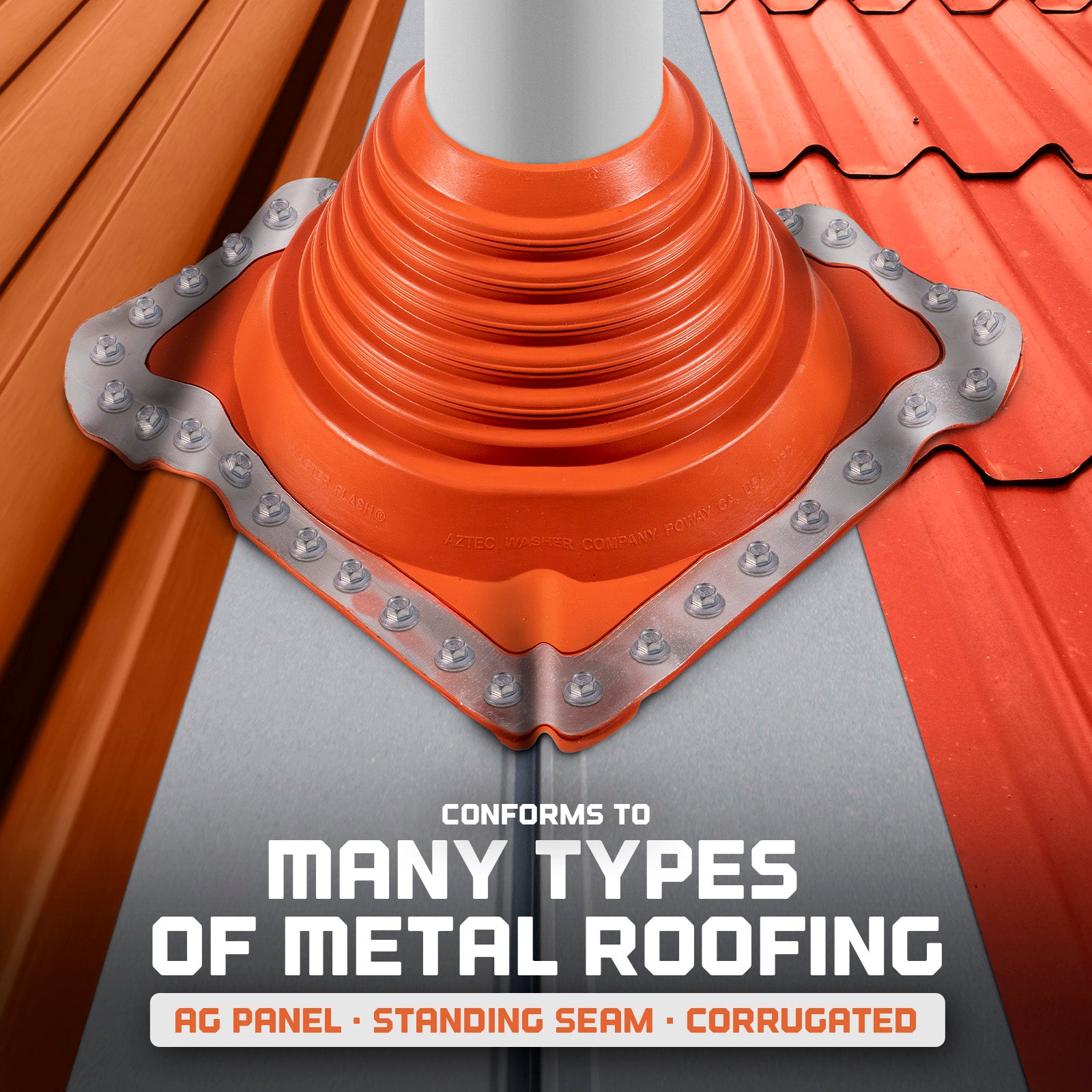 Metal roof boot on a metal roof with text indicating compatibility with various roofing types.