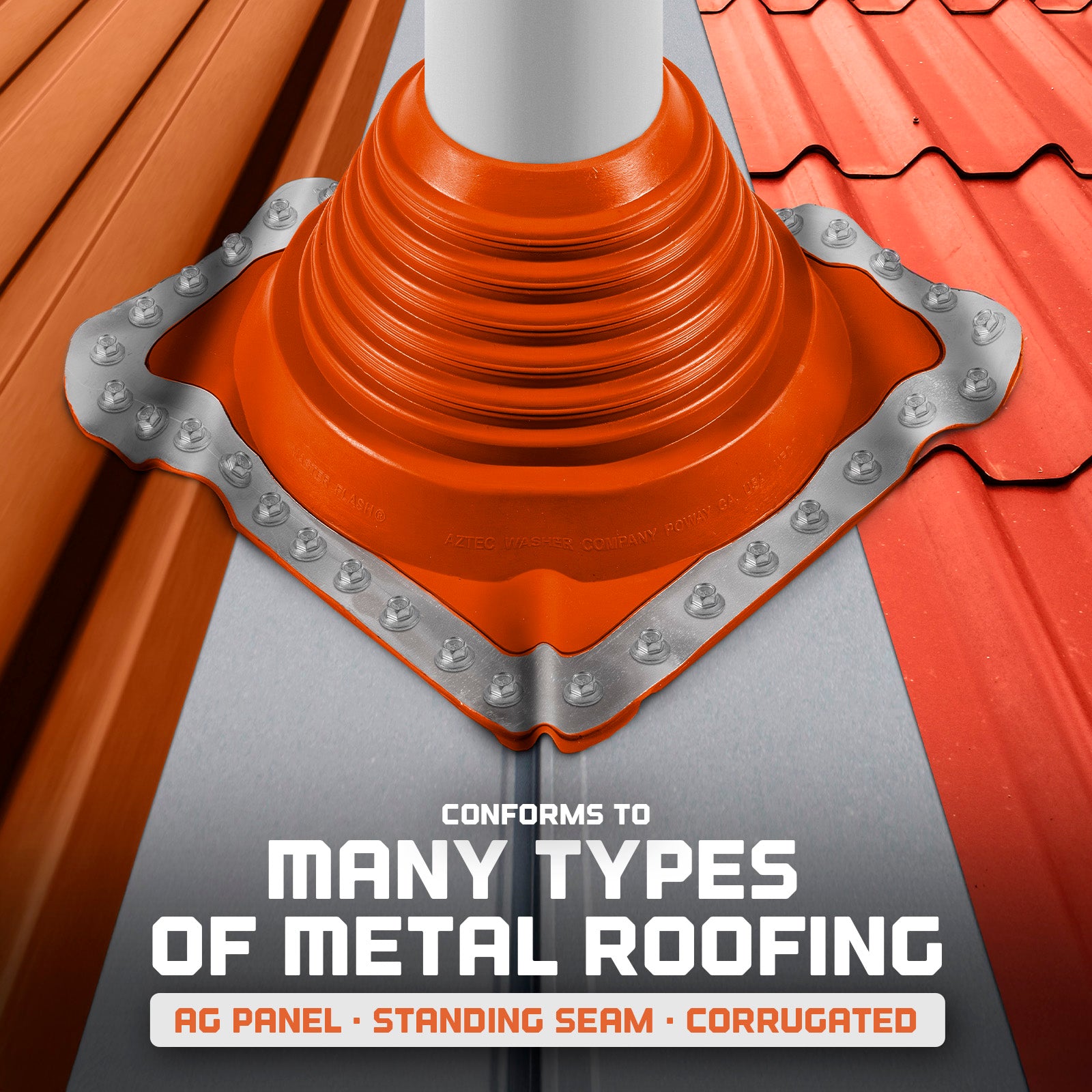 Roofing product on a metal roof with text indicating compatibility with various roofing types.