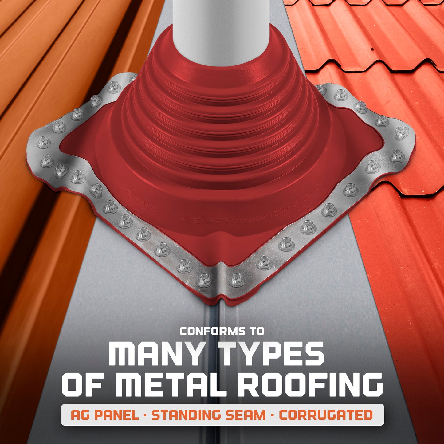 #2 Roofjack Square EPDM Pipe Flashing Boot for Metal Roof, Bright Red