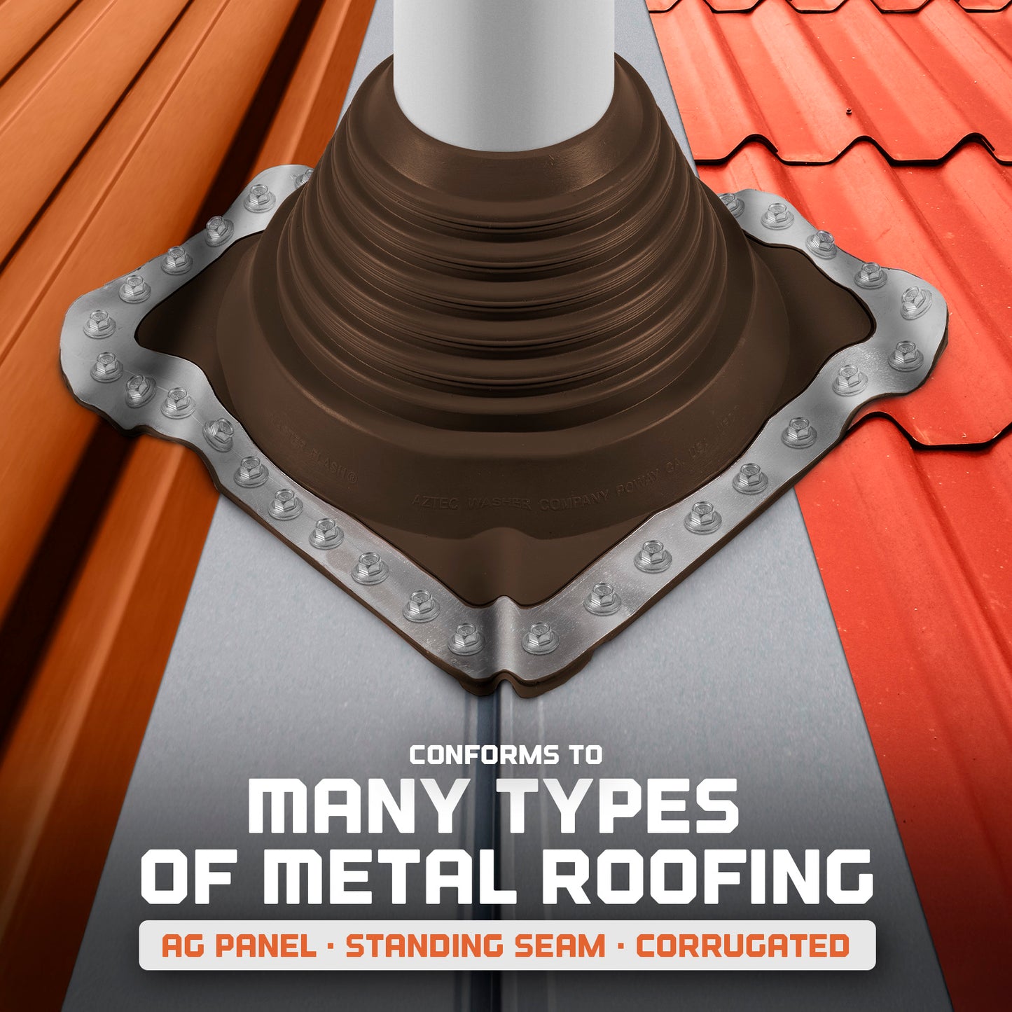 Roofing flashings on a metal roof with text indicating compatibility with various roofing types.