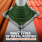 Green roof boot conforming to various metal roofing types on a red and orange roof.
