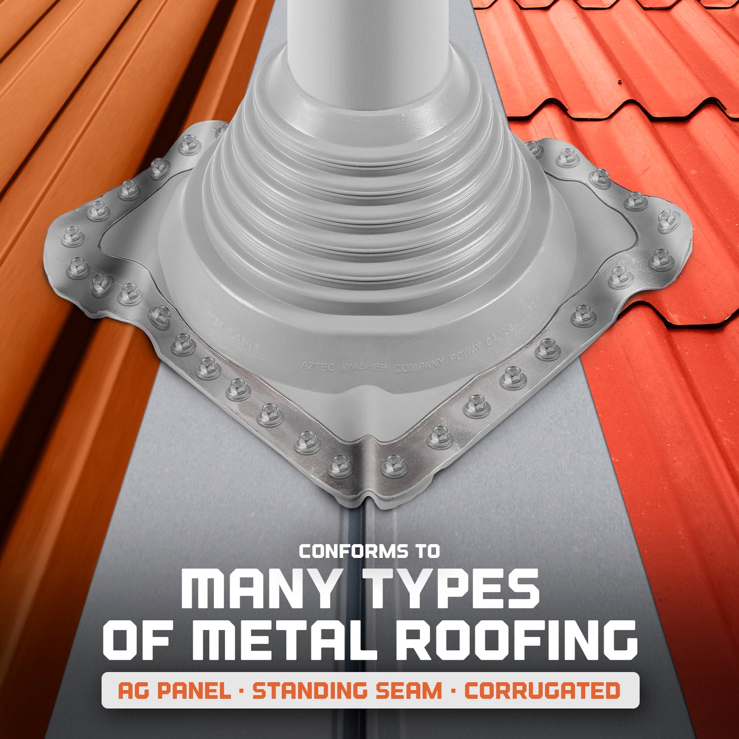 Metal roof flashing against a red metal roof with text about roofing types.