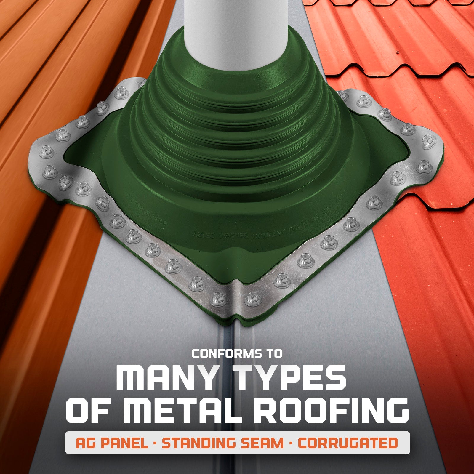 Green Metal roof boot conforming to various metal roofing types on a red and orange roof.
