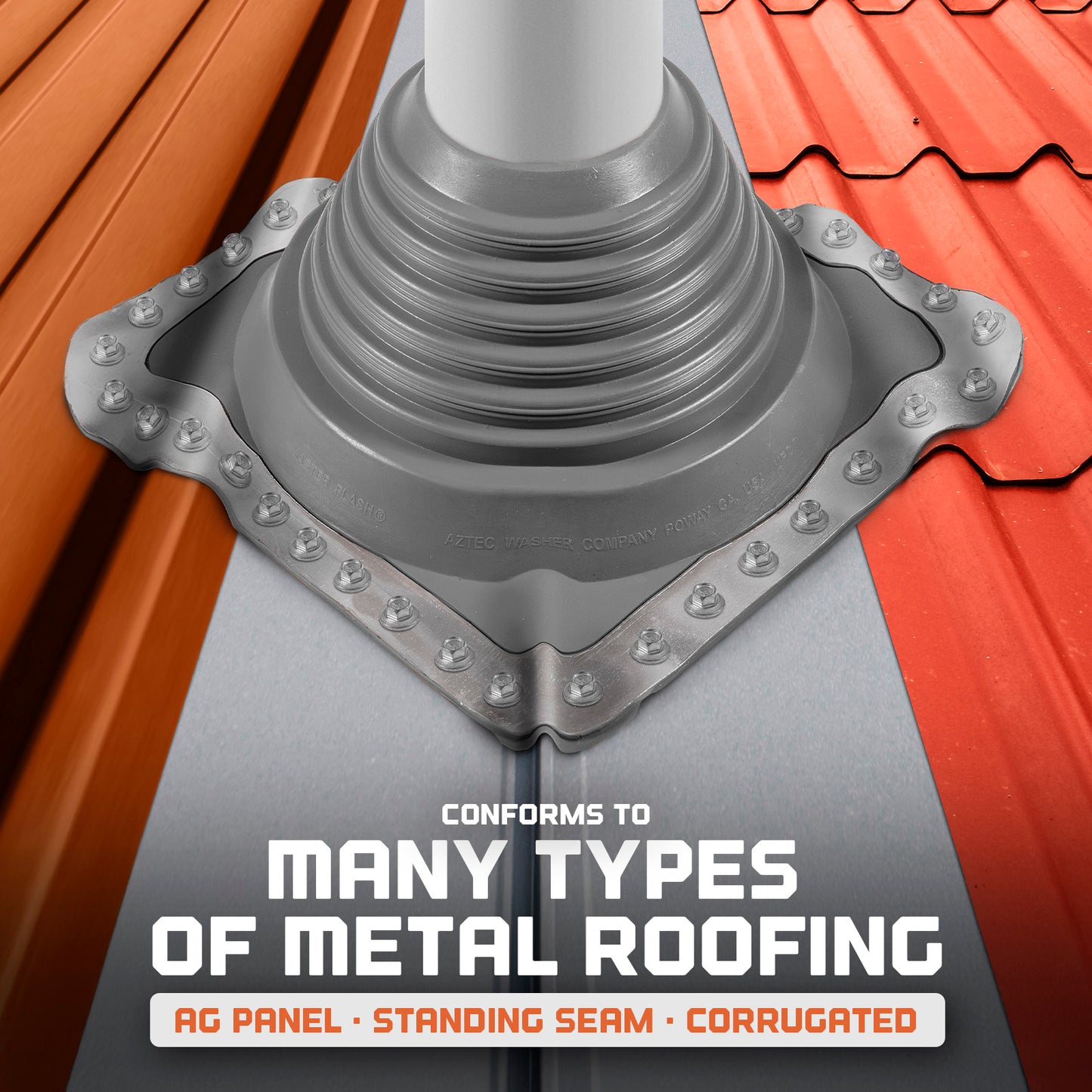 Metal roof flashing against a red metal roof background with text about roofing types.