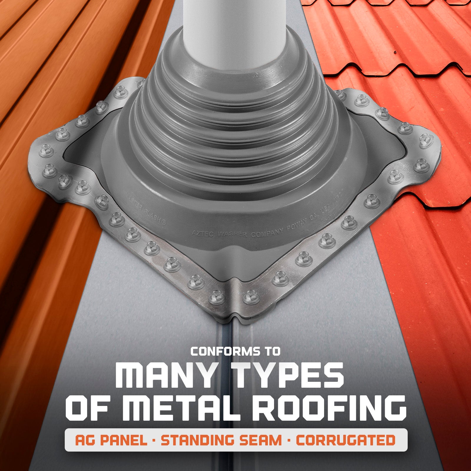 Metal roof flashing against a red metal roof background with text about roofing types.