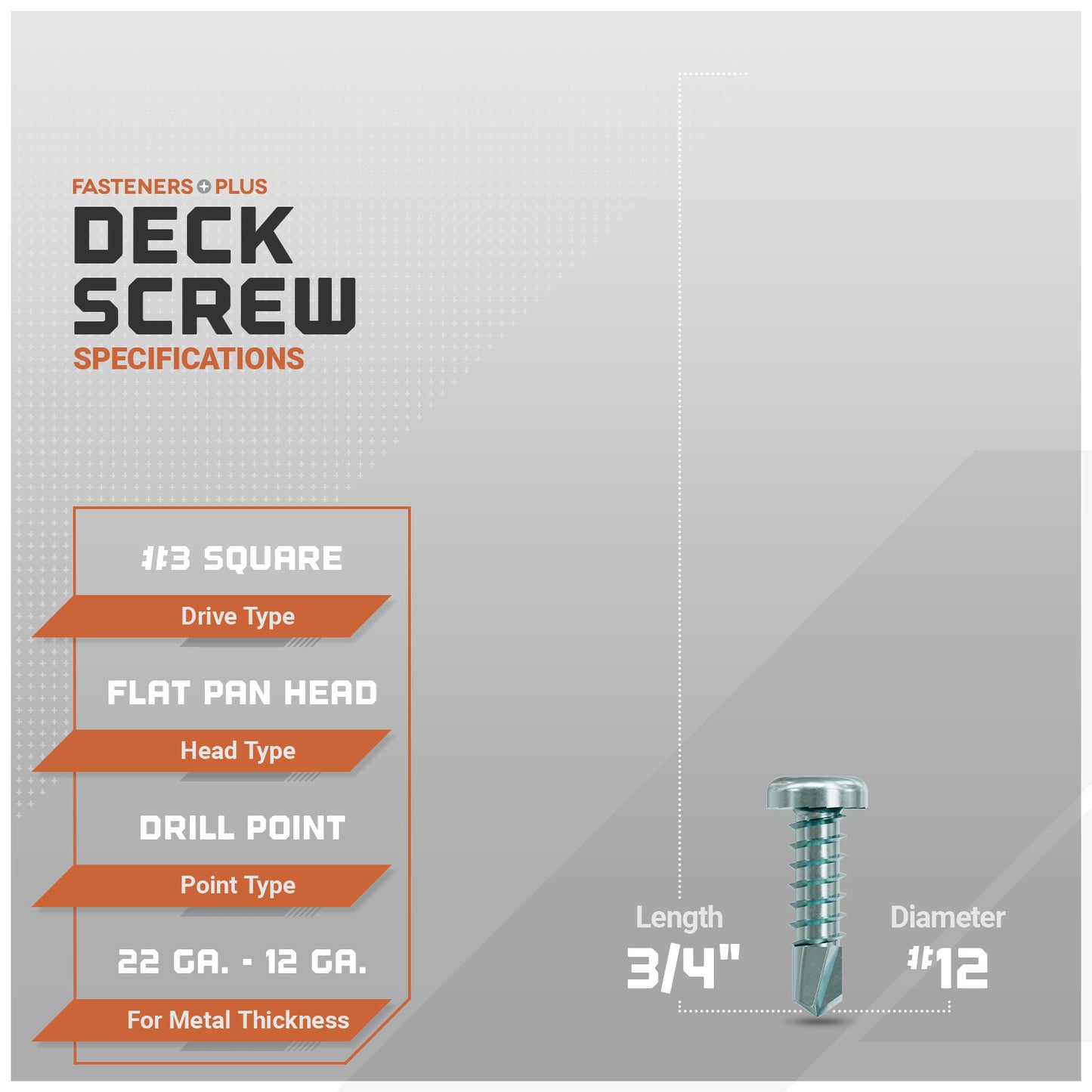 deck screw specifications on gray background