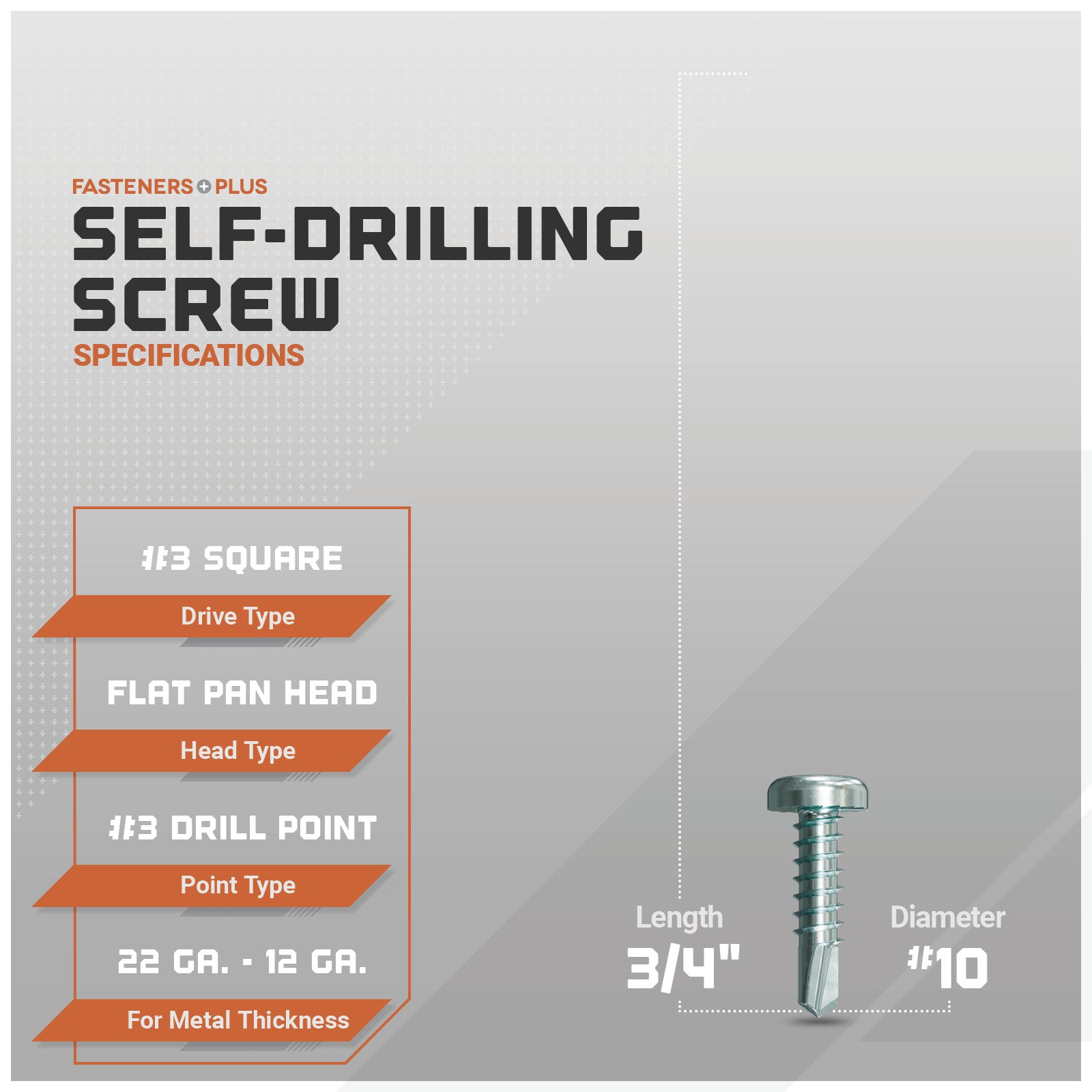 Self-drilling screws with specifications on a gray background