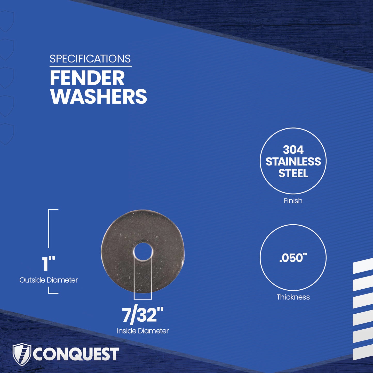Fender washer with specifications on a blue background