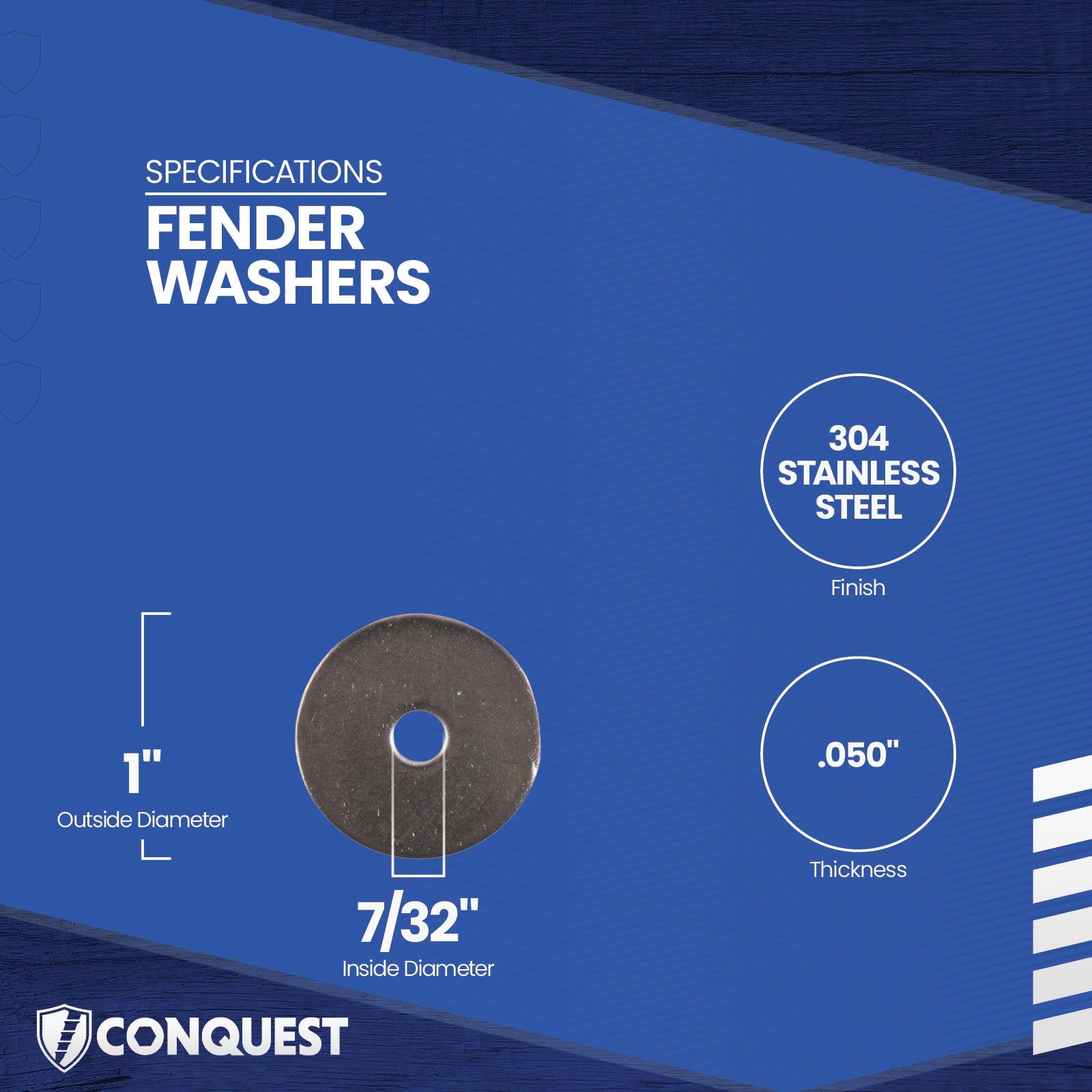 Fender washer with specifications on a blue background