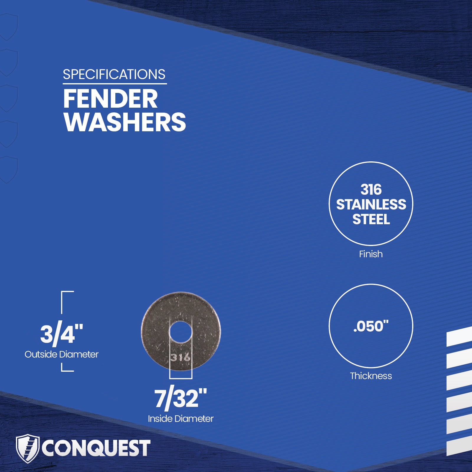 Fender washer with specifications on a blue background
