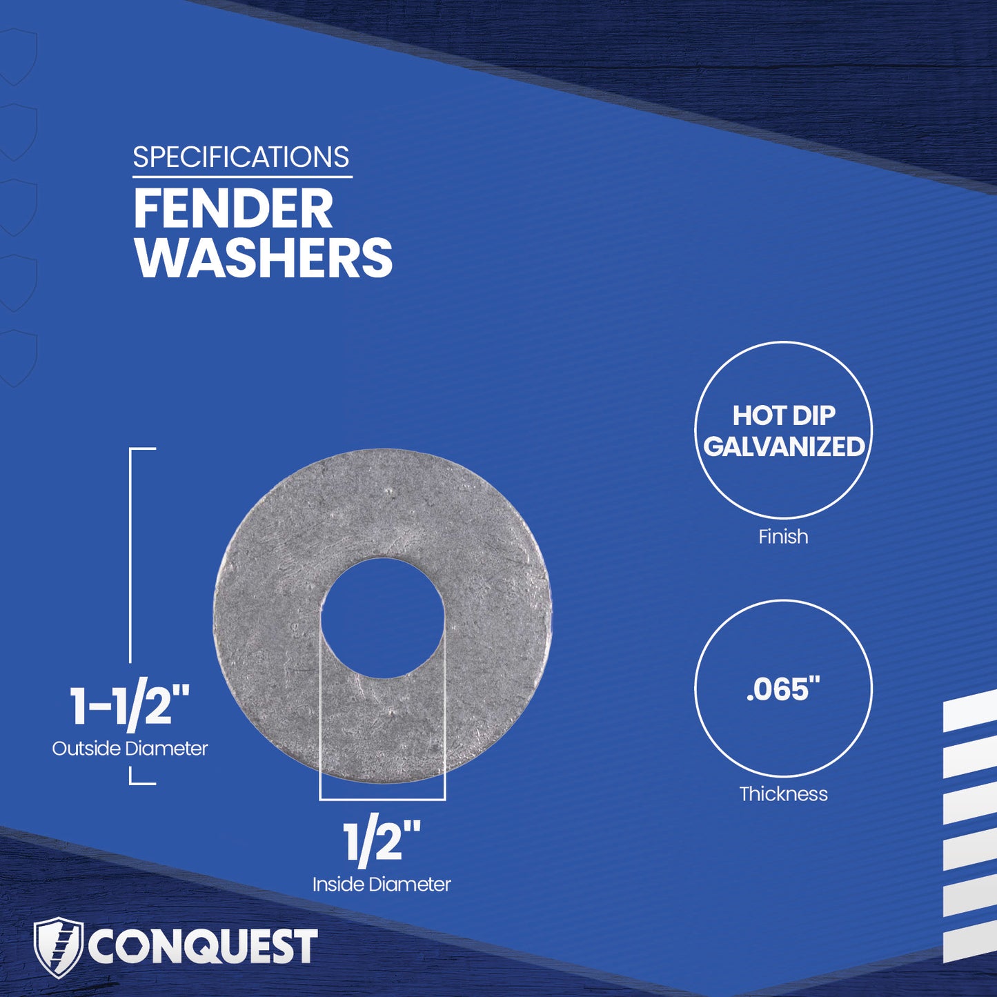 Fender washer with specifications on a blue background