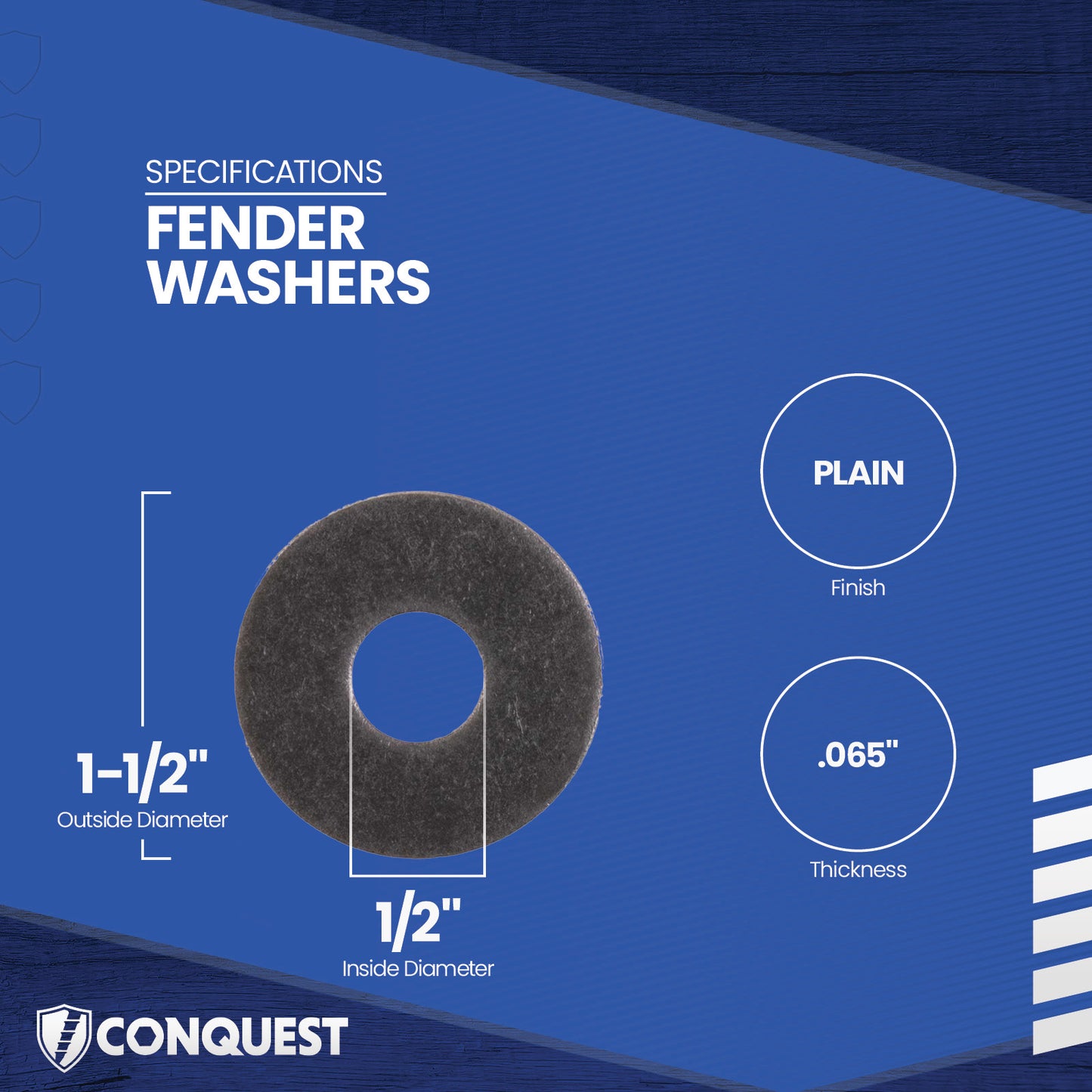 Fender washer with specifications on a blue background