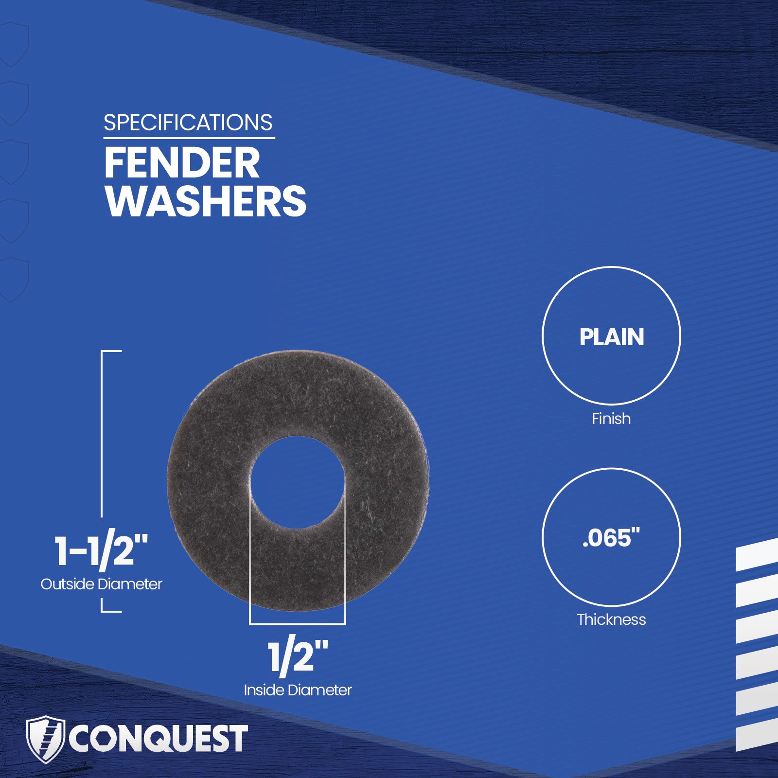 Fender washer with specifications on a blue background