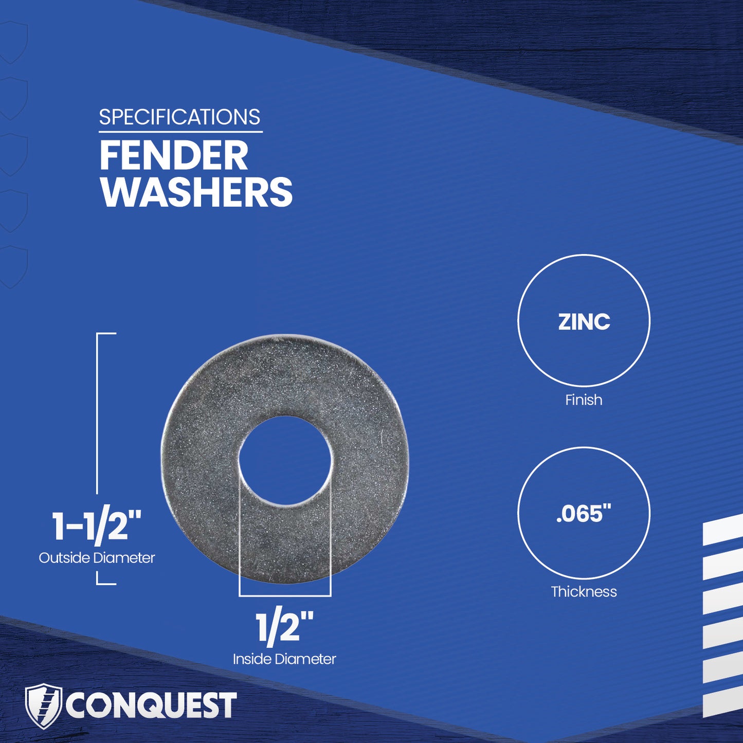 Fender washer with specifications on a blue background