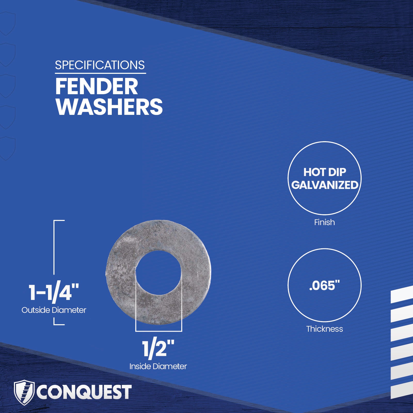 Fender washer with specifications on a blue background