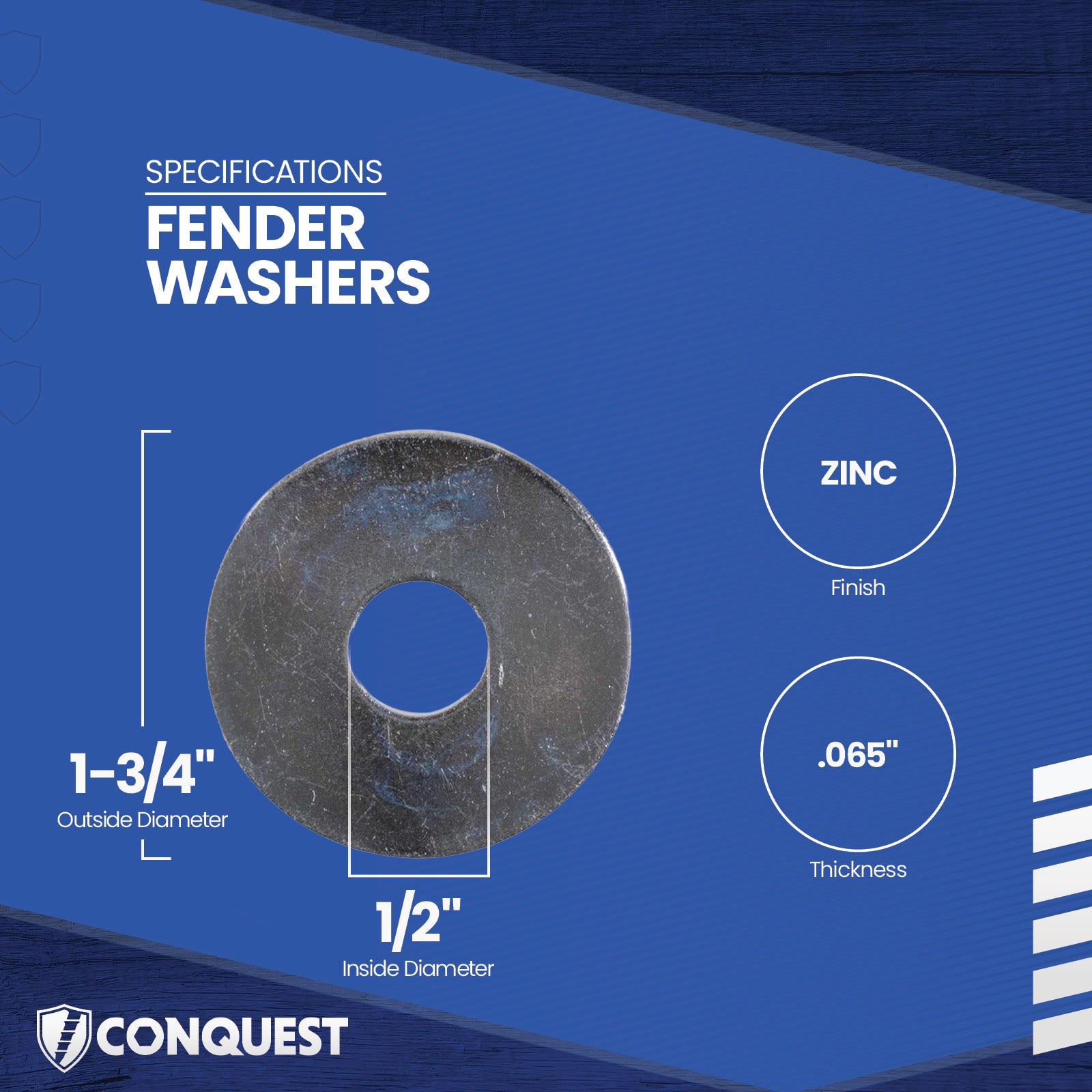 Fender washer with specifications on a blue background