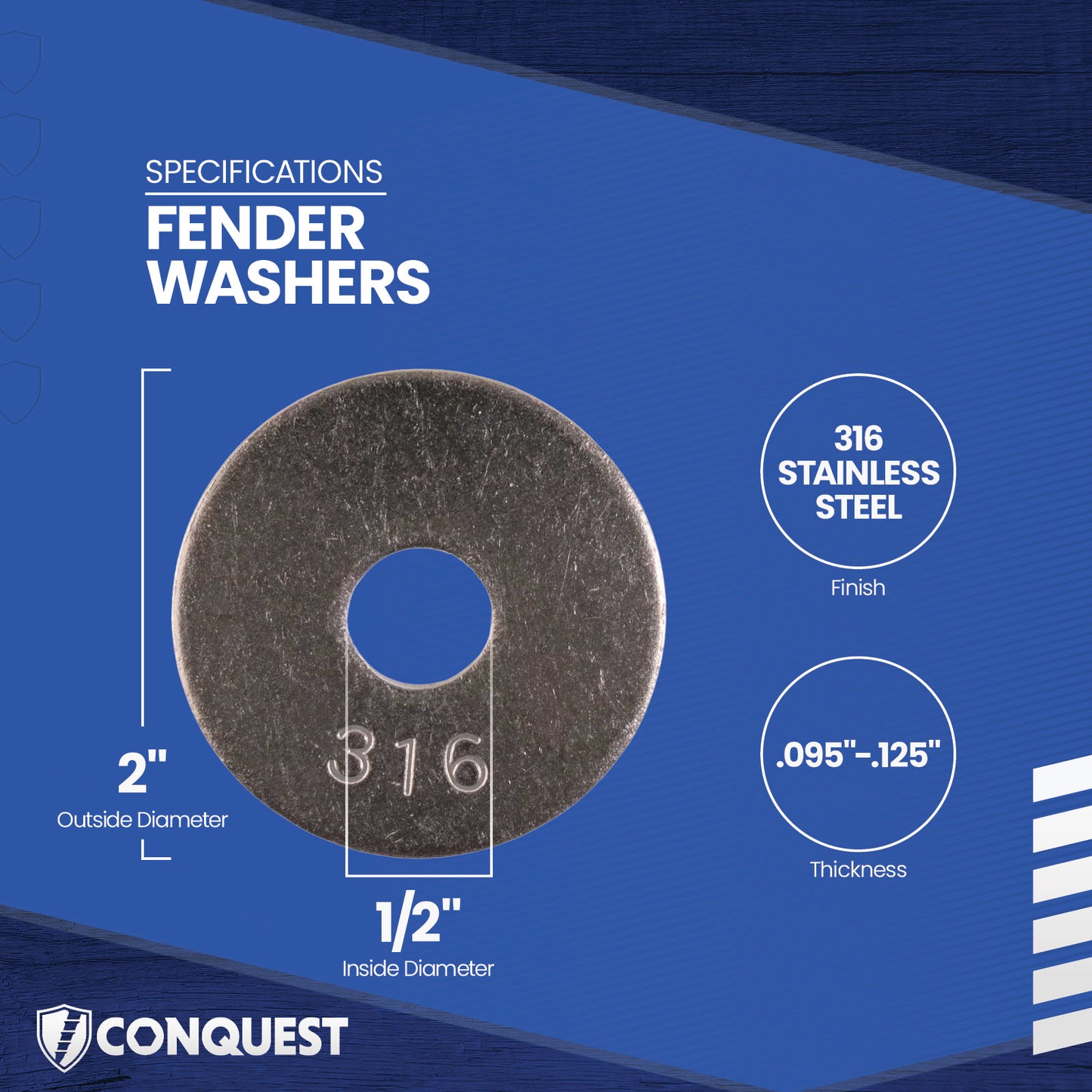 Fender washer with specifications on a blue background