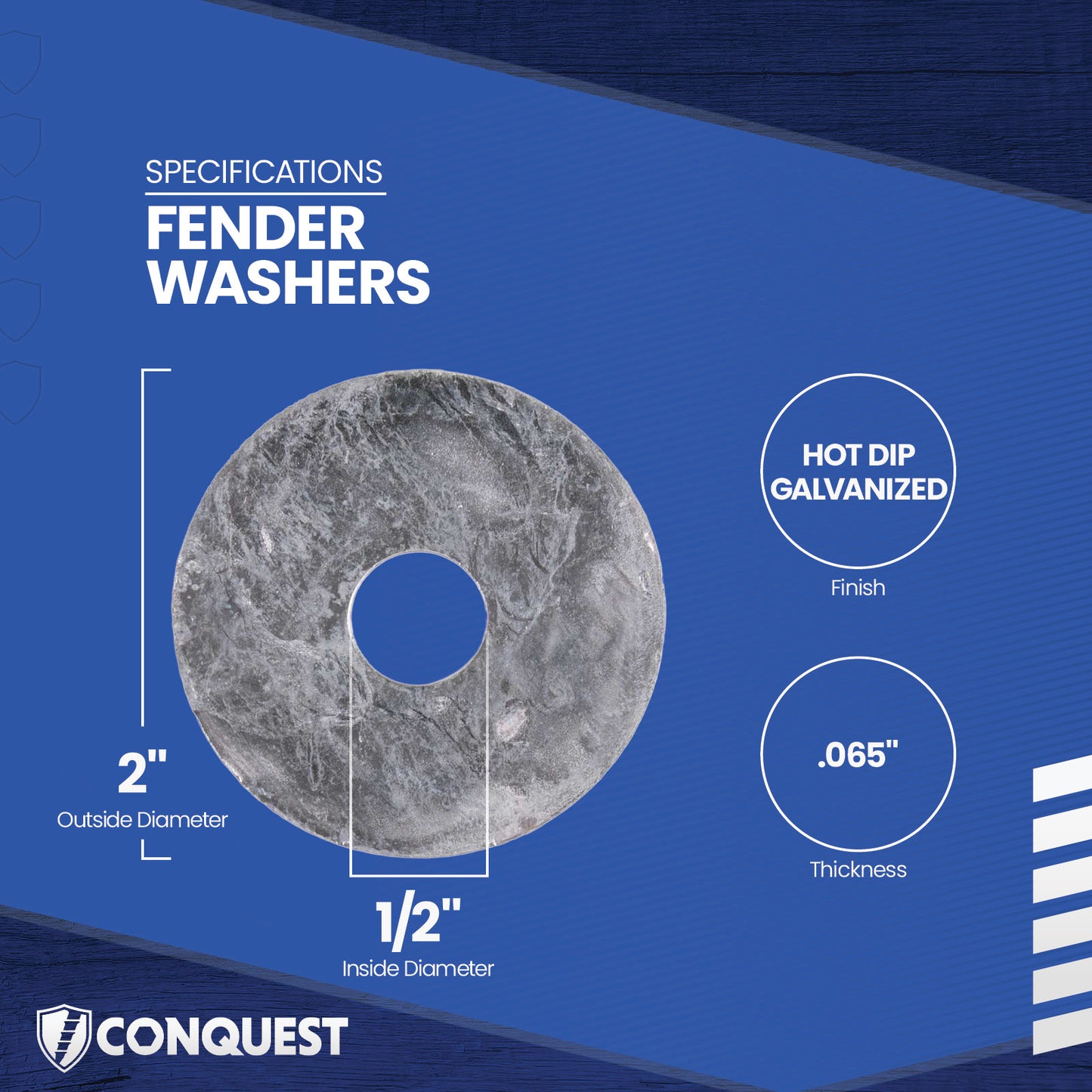 Fender washer with specifications on a blue background