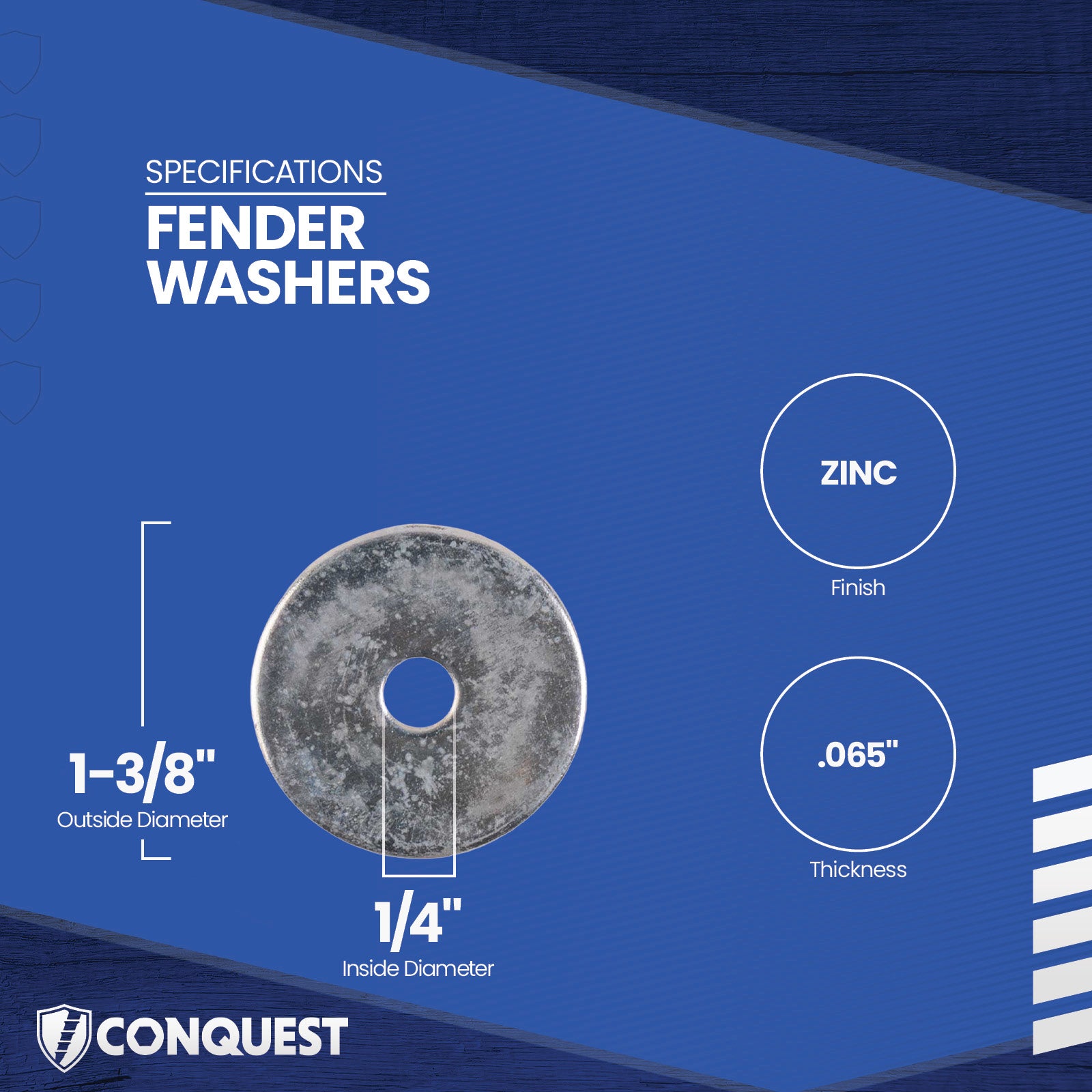 Fender washer with specifications on a blue background