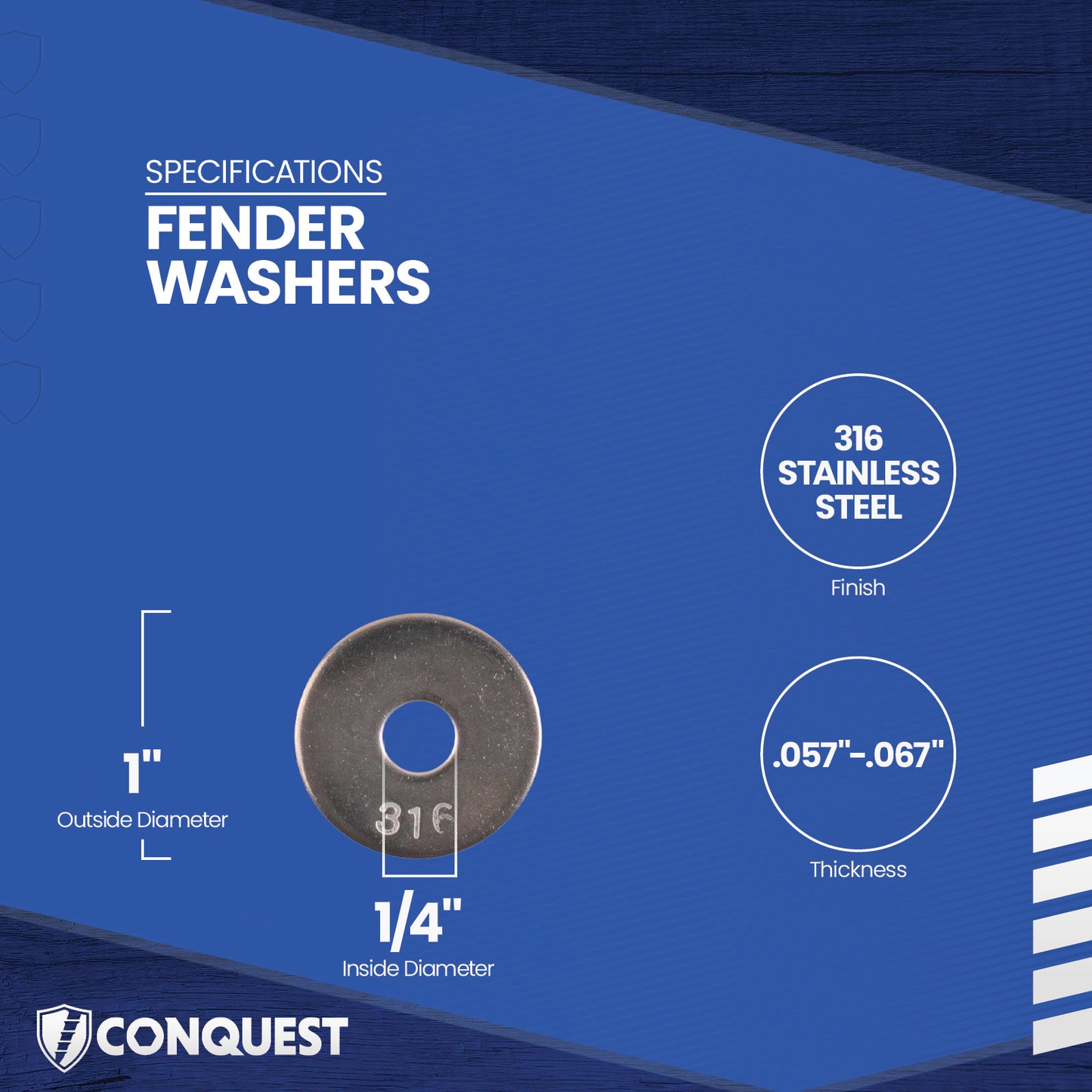Fender washer with specifications on a blue background