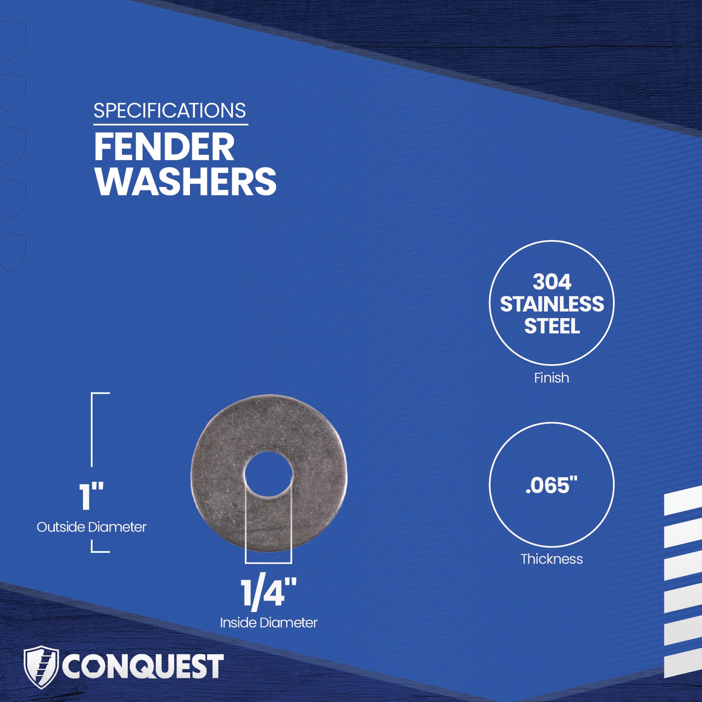 Fender washer with specifications on a blue background