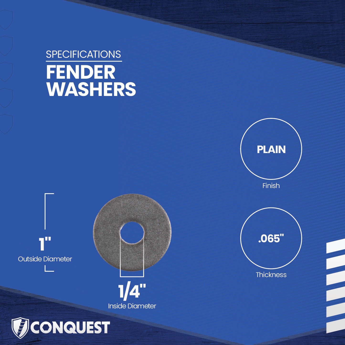 Fender washer with specifications on a blue background