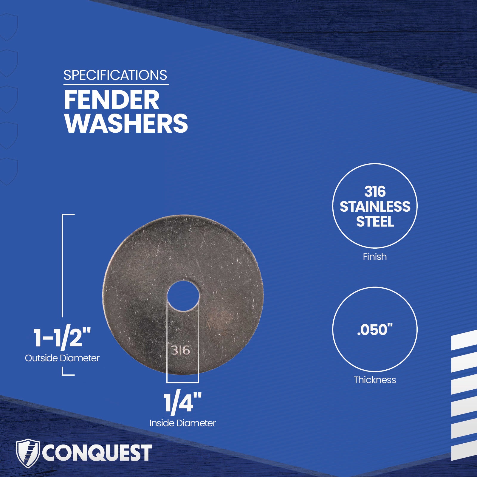 Fender washer with specifications on a blue background