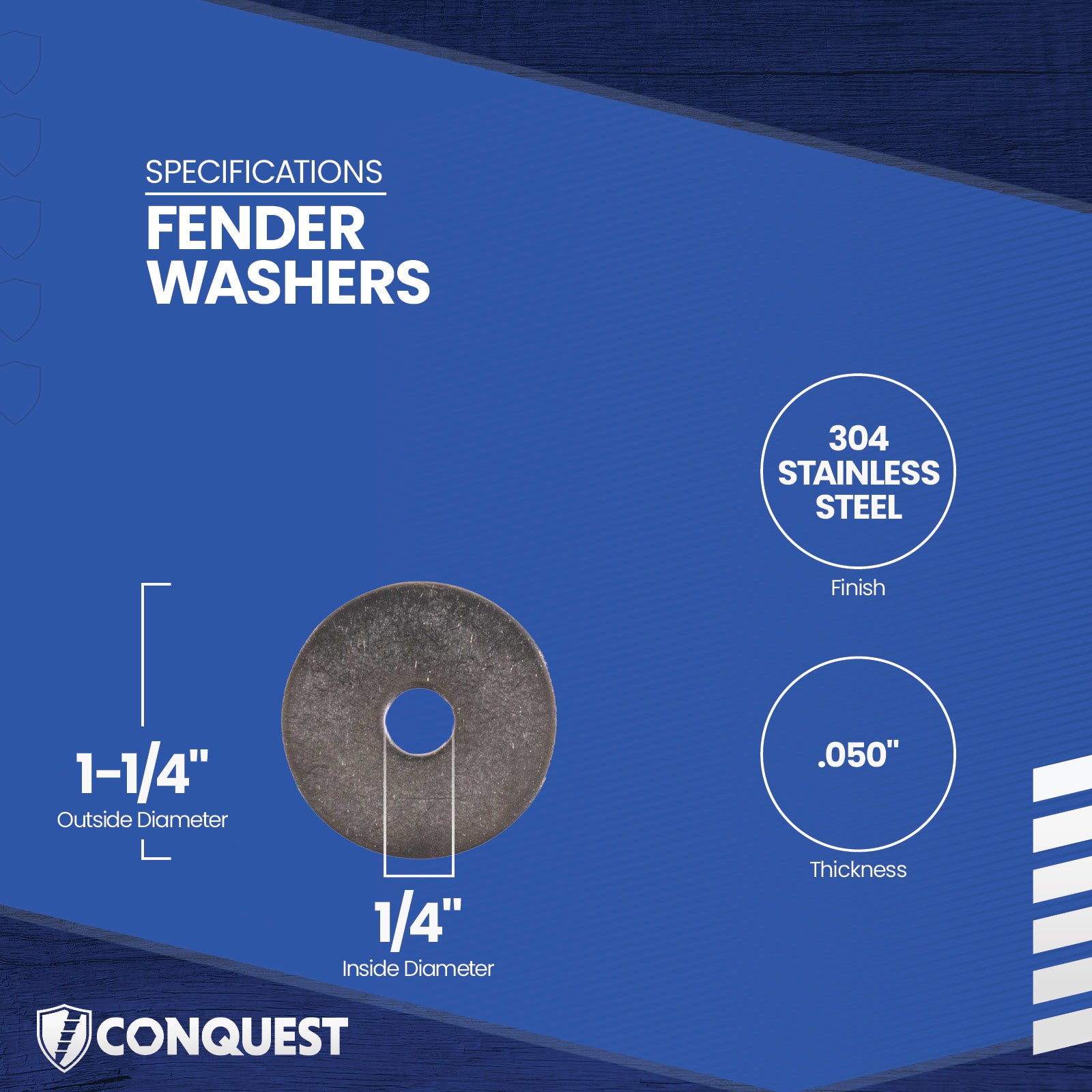 Fender washer with specifications on a blue background