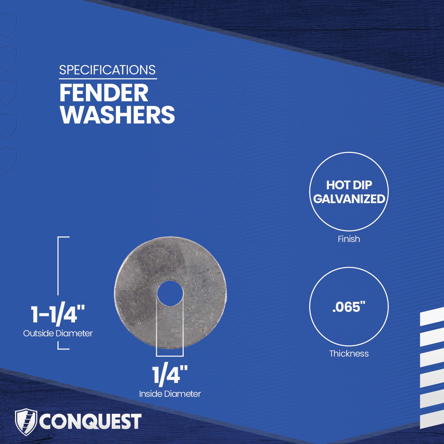 Fender washer with specifications on a blue background