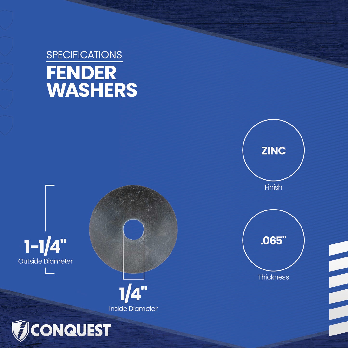 Fender washer with specifications on a blue background
