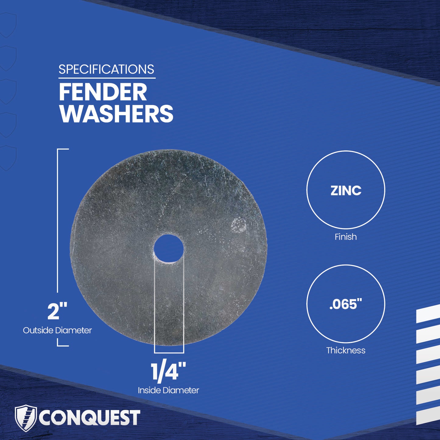 Fender washer with specifications on a blue background