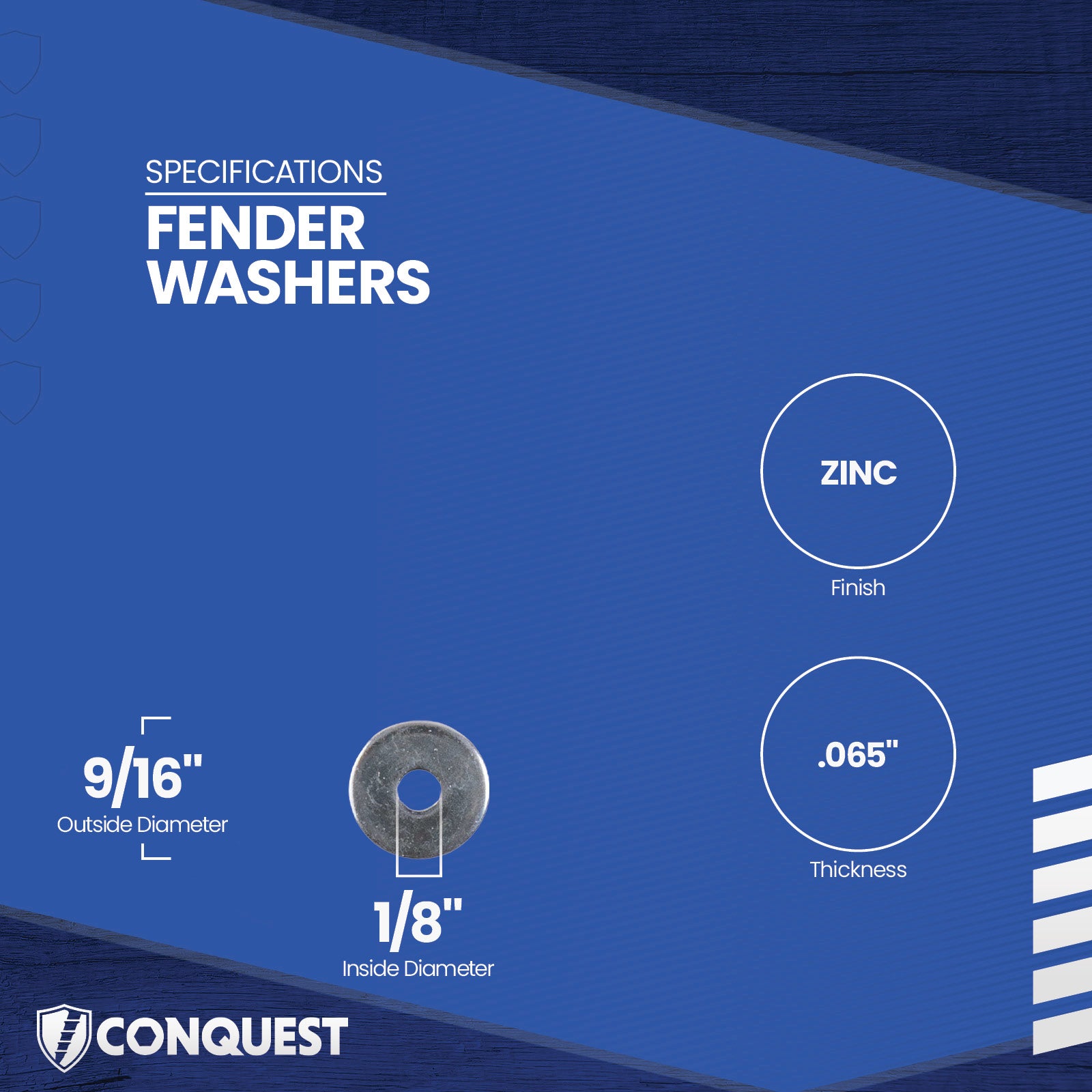 Fender washer with specifications on a blue background